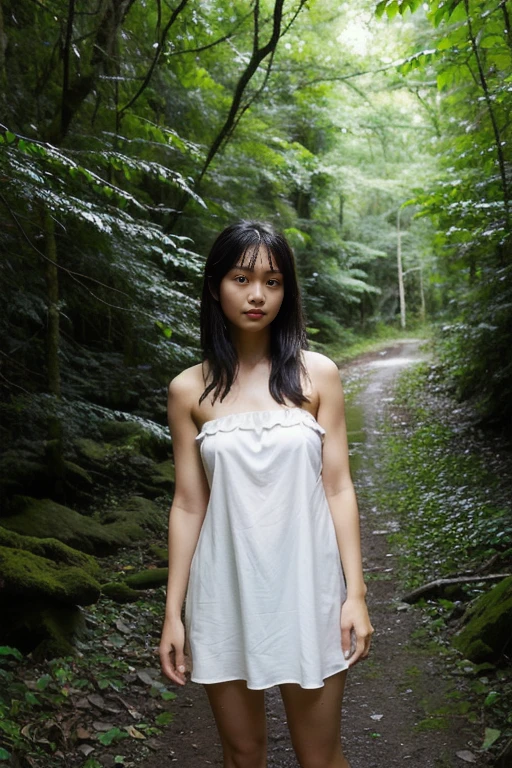 upper body naked,facing forward,(highest quality: 1.2), (realistic), (realistic: 1.37), High resolution, 1 girl,The most beautiful Japanese girl, girl,looking at the camera,long black hair,smile,whole body,White see-through cotton dress,in the forest,sunlight filtering through the foliage,NSFW