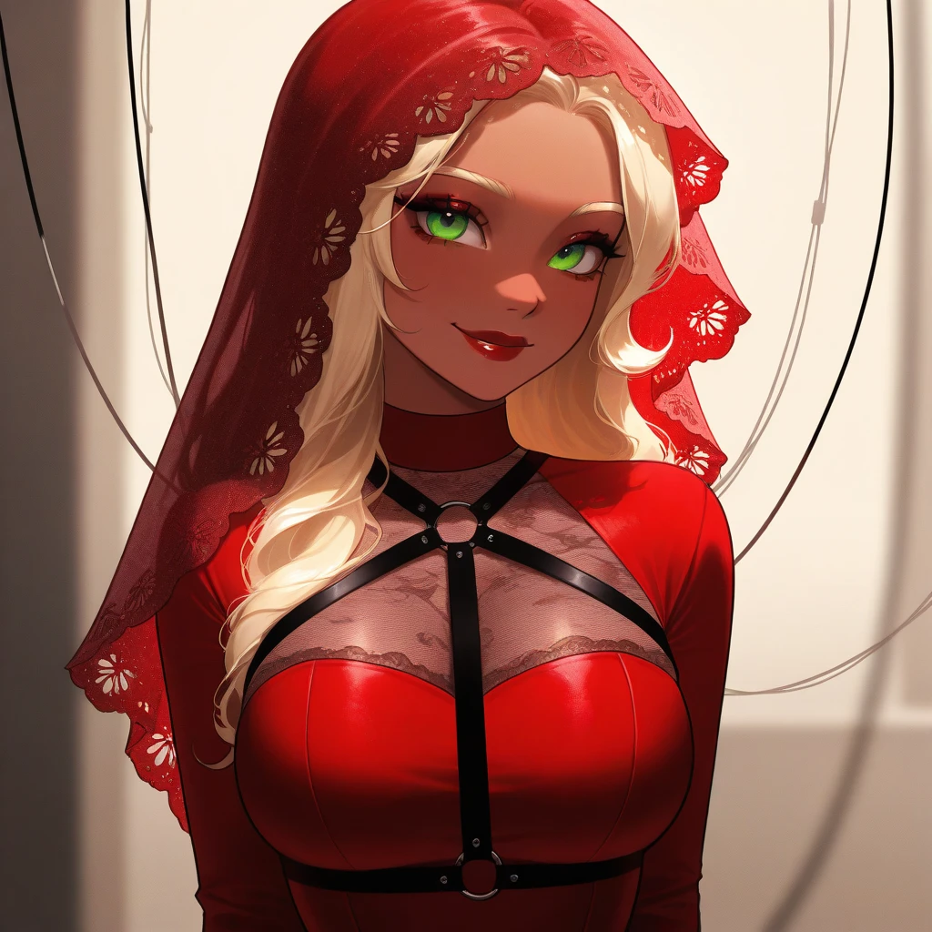 OC, female, semi realism, dark tanned skin, red lips, blonde eyebrows, perfect face, long wavy light Ashe blonde hair with bang,  half-closed Green eyes, cute smile, red glamorous, sweet aesthetic, harness and lace sexy red dress, mystic luminescent, sexy, red velvet veil, dangerous, breasts, danger, held by cables