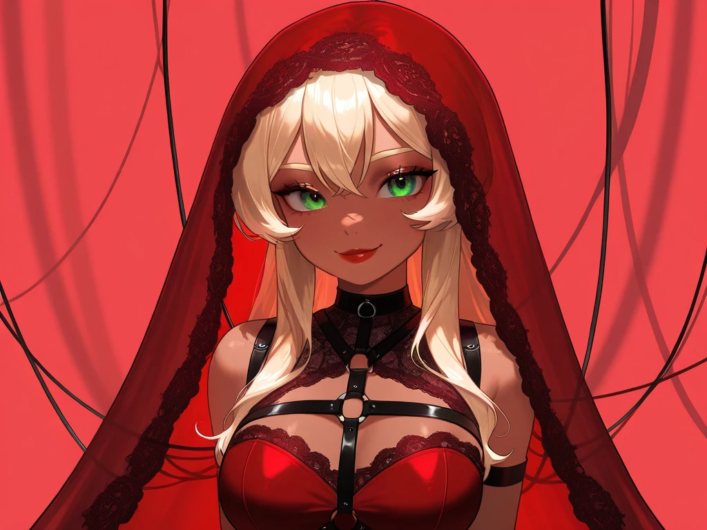 OC, female, semi realism, dark tanned skin, red lips, blonde eyebrows, perfect face, long wavy light Ashe blonde hair with bang,  half-closed Green eyes, cute smile, red glamorous, sweet aesthetic, harness and lace sexy red dress, mystic luminescent, sexy, red velvet veil, dangerous, breasts, danger, held by cables