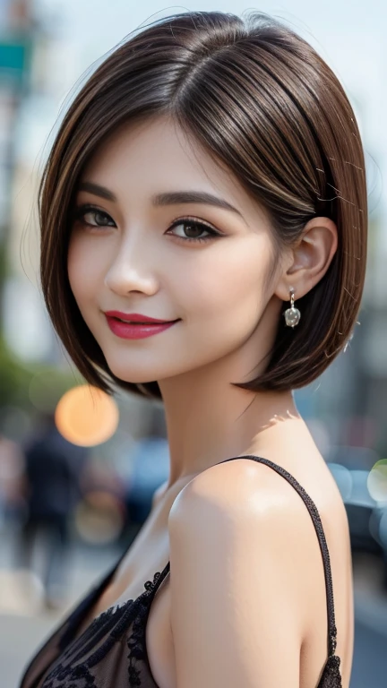 f/2.8, 135mm, UHD, masterpiece, anatomically correct, textured skin, super detail, best quality, 8k、 sharp focus 、 one woman、Age 35、( Beautiful Slim and Sharp Face ), ( Realistic Brown Eyes :1.28), (( Sharp Eyes :1.2)), ( Perfectly Round Hitomi )、 detailed lips :1.3, Dark Red Lips :1.22, ( DARK EYELINER :1.28), ( Perfectly Rounded Eyes :1.3), ( Pretty Eagle Nose :1.2)、 bright brown hair 、 elegant short bob cut hair、(Hair flowing behind ears ), (Firm Breasts ),  slim body,  She's the Incarnation of Beauty and Glamour 、well-shaped ears、 face and body facing the viewer 、 with a smile、