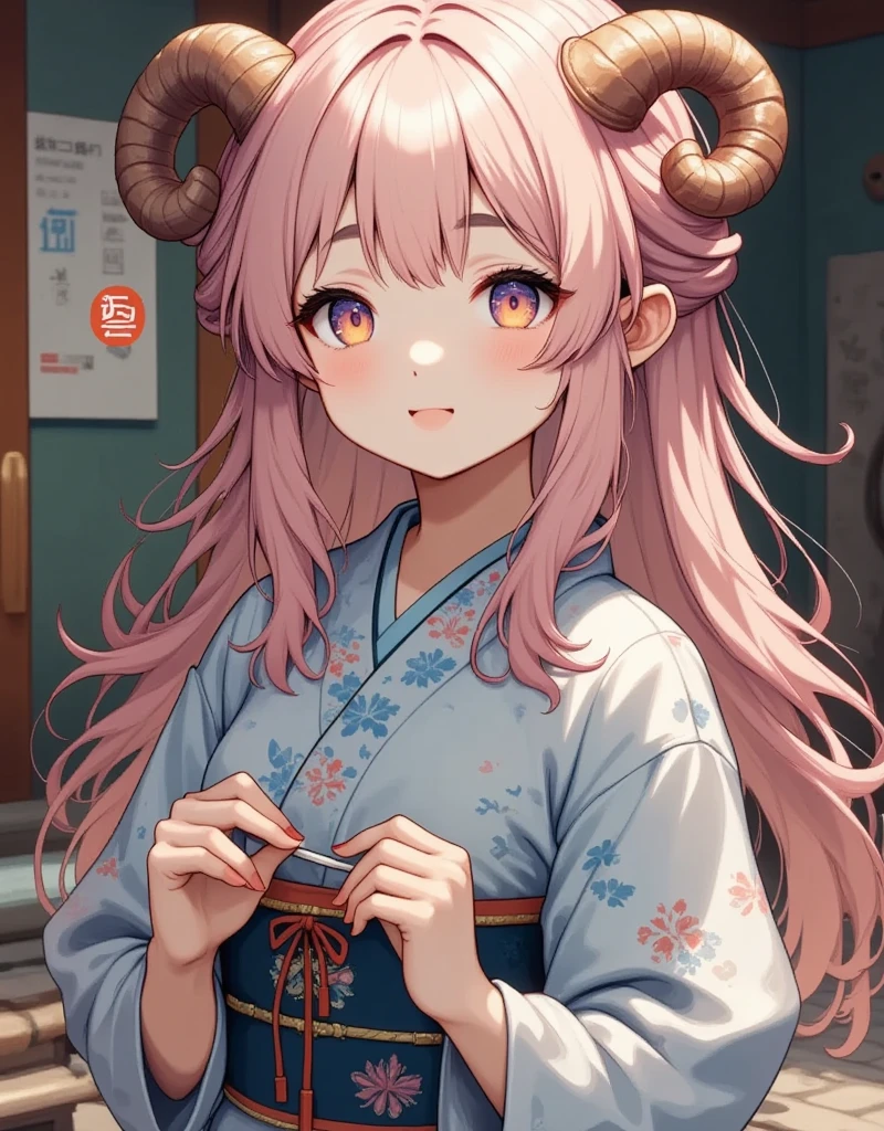 (((UHD, masterpiece, accurate, anatomically correct, super detail, high details, best quality,  highres icon))), 1woman,  long pink fluffy hair , Tying up hair , round sheep horn ,  bright and beautiful kimono , Beautiful fur-sleeve that conceals up to the ankles,  sitting upright and writing with a brush, Beginning of calligraphy, Written on a white half paper "20k view", inkstone, Japanese-style room