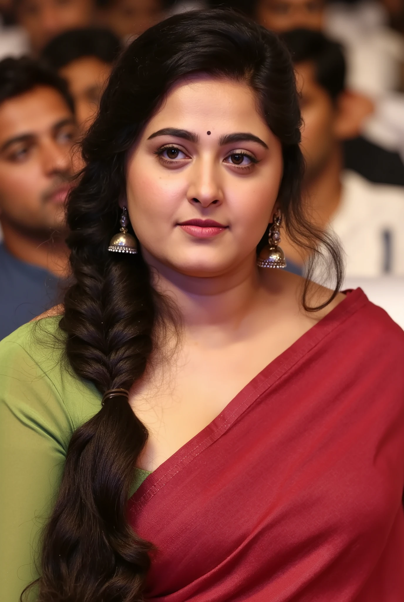 an ullu desi indian cute actress hot plus size standing in kitchen. She has curly black hair and are posing with one hand on the back of their head. She wearing a sleeveless, shimmering black tight and revealing tube bra and a royal red sequin saree with a smooth texture. background is deep blurred, the showing Thigh legs, sexy stubble hairy armpits, sexy broad creasy armpits, sexy deep juicy navel, golden waist chain, sexy desi Full figured aunty, gorgeous desi aunty, sexy indian bride, 