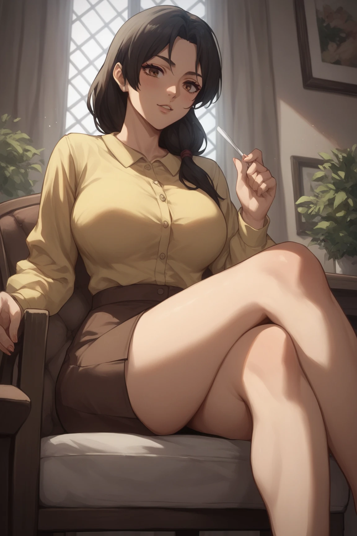 score_9, score_8_up, score_7_up, BREAK source_anime, carla yeager, tucked-in yellow shirt, long sleeves, brown skirt, large breasts, sitting in a chair, legs crossed