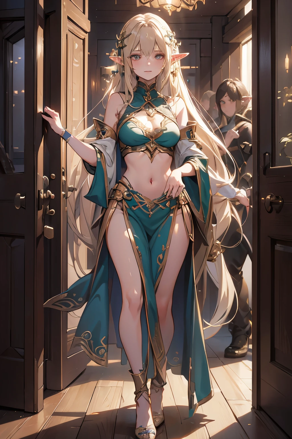 1girl, elf, a beautiful elf opening the apartment door, full body shot, long hair, intricate details, stomach tattoo, (best quality,4k,8k,highres,masterpiece:1.2),ultra-detailed, ultra-fine painting, sharp focus, physically-based rendering, extreme detail description, professional, vivid colors, elegant fantasy portrait, intricate patterns, warm lighting, cinematic composition