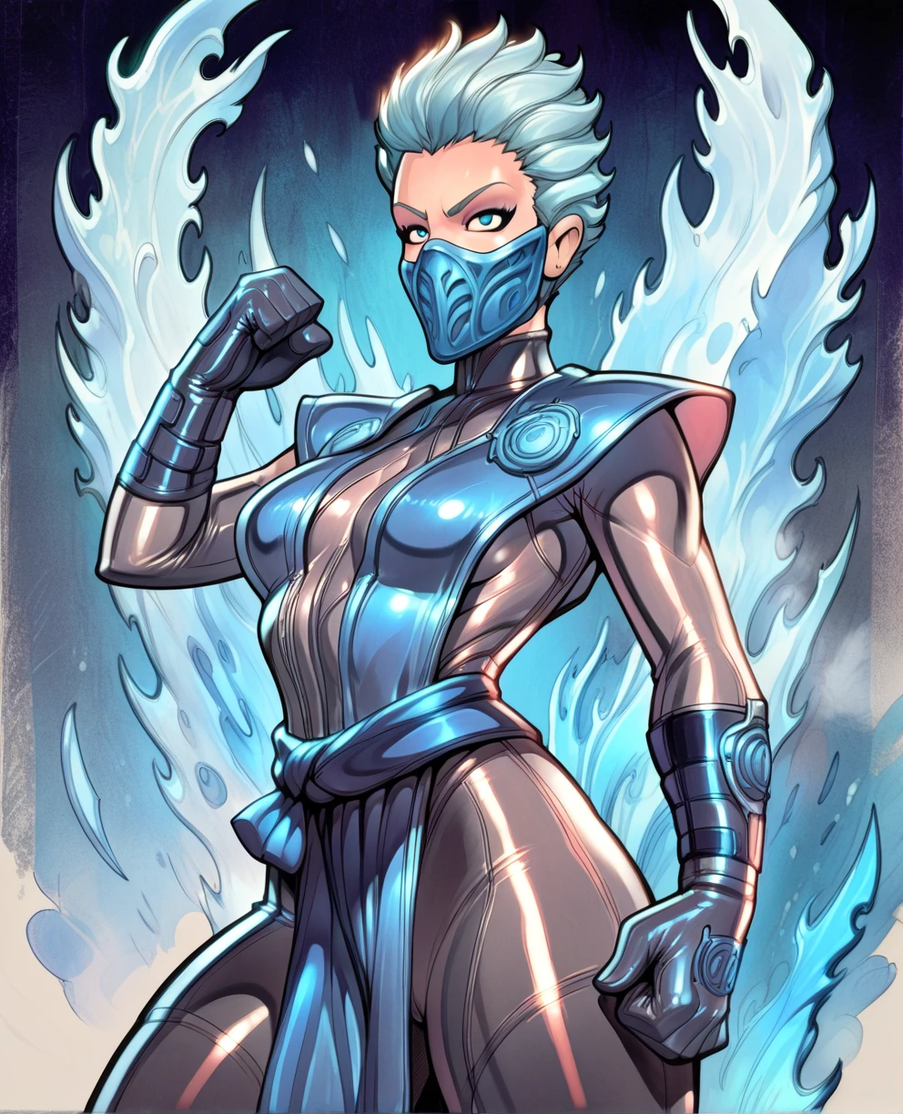 score_9,score_8_up,score_7_up,score_6_up,
frostxl,blue eyes,short hair,mouth mask,fighting stance,clenched hands,
black bodysuit,blue short pelvic curtain,gloves,
standing,serious,
winter,ice,reiq art style