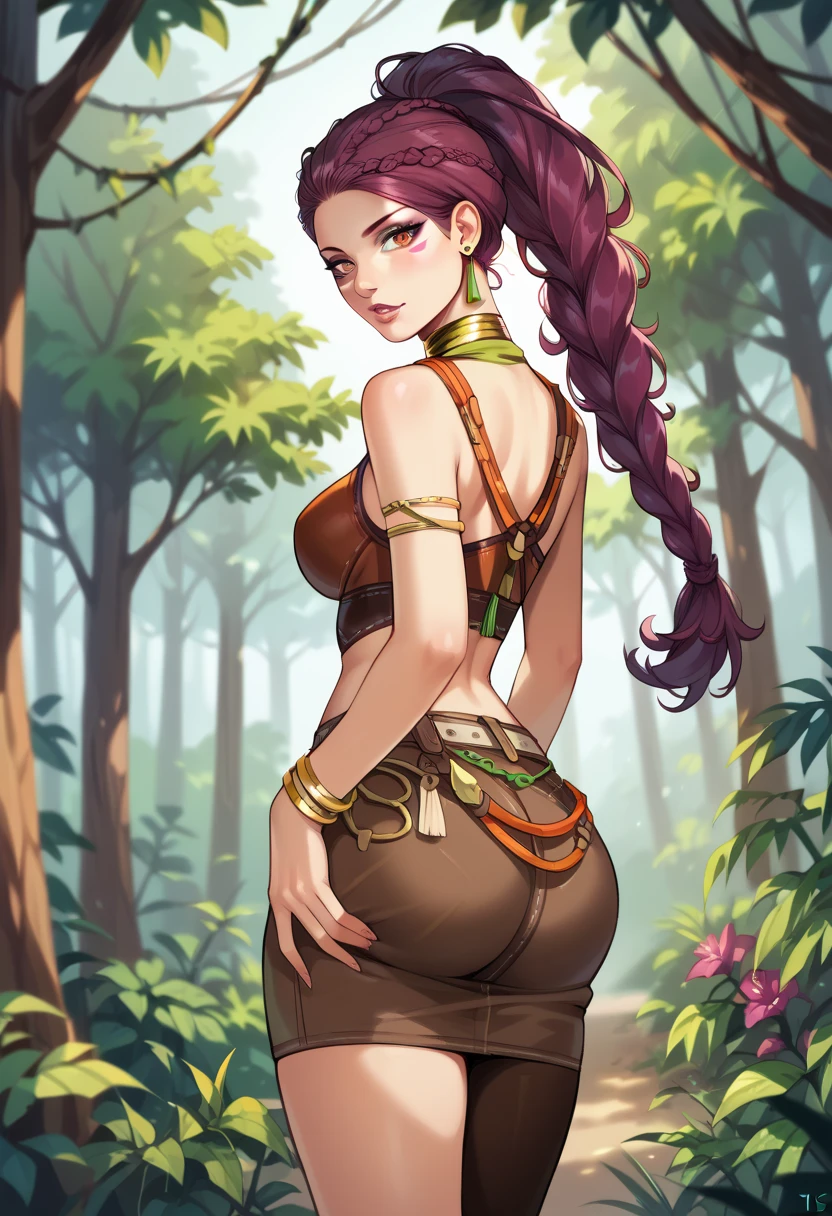 Realistic proportions, mature woman, petra-ts, bracelet, braid, medium breasts, brown crop top, brown skirt, earrings, facial mark,fur trim, high ponytail, long hair, one sleeve top, purple hair, gold choker, asymmetrical legwear, bracelet, halterneck, mature female, midriff, fur trimmed clothing, bare ass, anal sex, dense forest