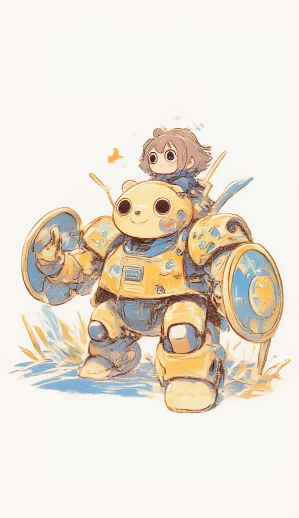 A cute bear shaped robot, it has the head and the body of a fat bear. The robot is holding a shield. On top of the robot sits a girl as its pilot. The robot struck a battle pose inside an arena