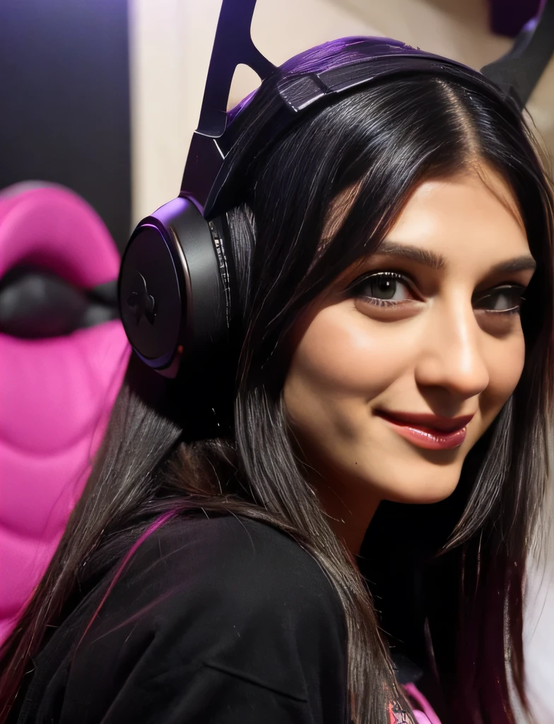 (photo of a gorgeous woman), (black messy hair), (soft even lighting), (colorful room behind), ((wearing  japanese gamer clothes)), (rabbit ear headphones), happy look, detailed face, detailed eyes, ((close-up photo)), masterpiece, ((best quality)), (eye contact), looking at the viewer, centred, shot from front,  