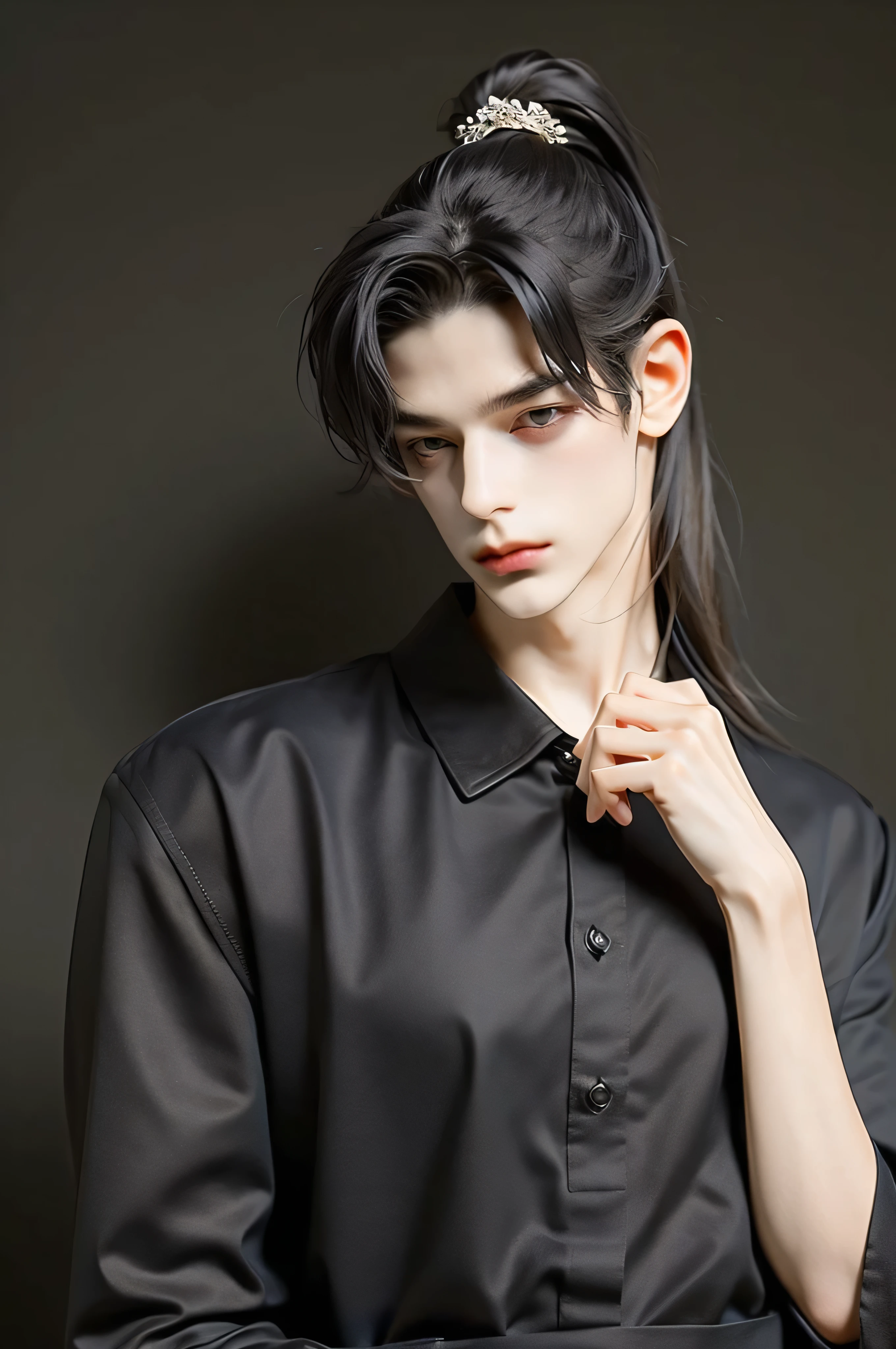 A pretty handsome, delicate, Skinny Male, black hair, high ponytail, Slender and thin body, Delicate and soft facial features, soft_light, pointy ears, assassin, Wearing a Black Nightgown, Black Dress Black Pants