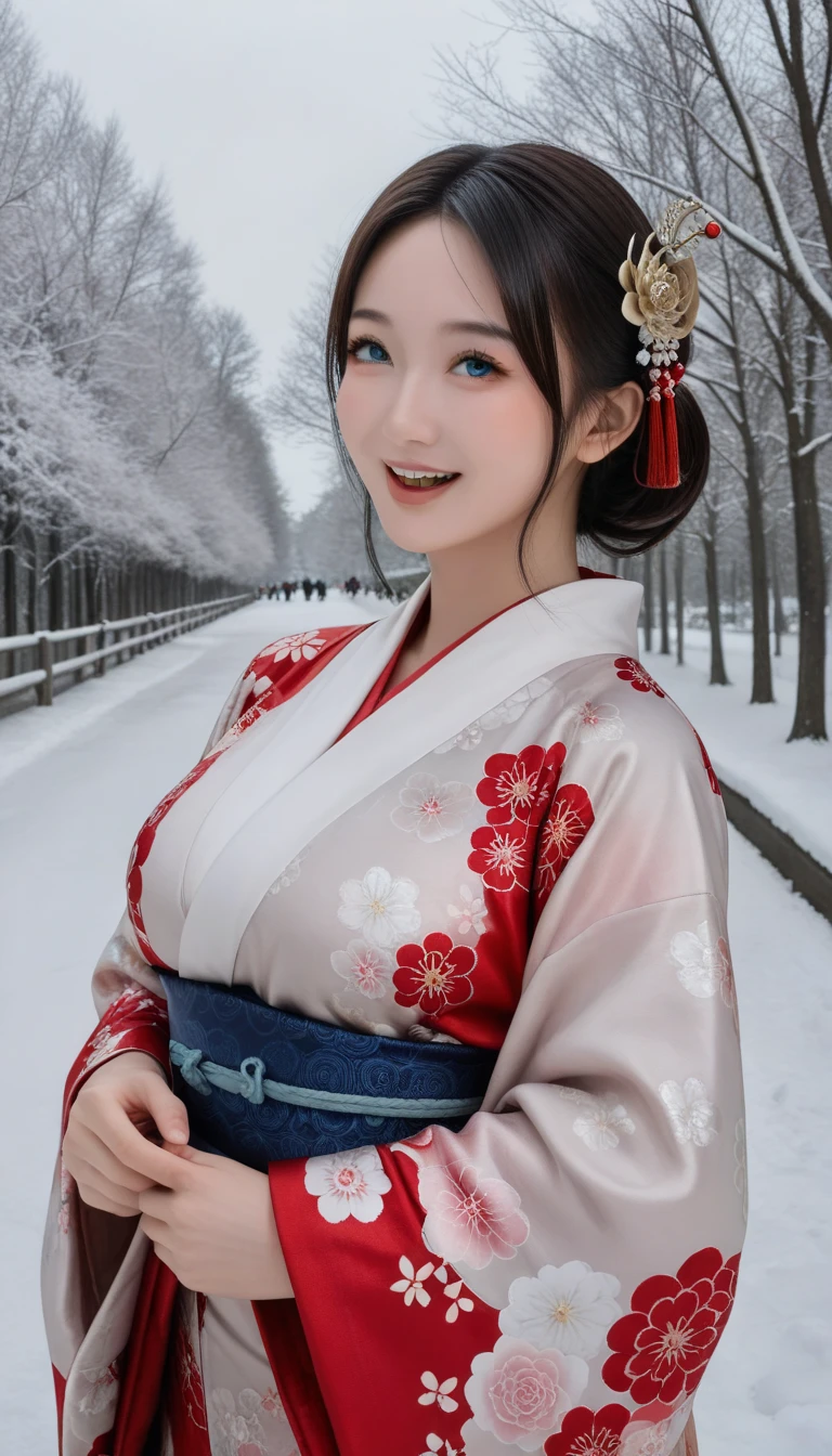 It depicts a beautiful Japanese woman in a kimono、shiny skin, large breasts:0.5, looking up, watching the view, beautiful hair, beautiful face, beautiful detailed eyes, (middle hair:1.5, japanese hair:1.5), black hair, blue eyes, (((red floral kimono), hair ornament)), ((smile:1.5, open your mouth wide)), walking, (beautiful scenery), winter, dawn, (new year's day, first visit),crowd, snow, snowfall:1.5, freezing weather, frost, (8k, top-quality, masterpiece​:1.2, extremely detailed), (photorealistic), beautiful illustration, natural lighting,((perfect anatomy, anatomically correct, super detailed skin)), 