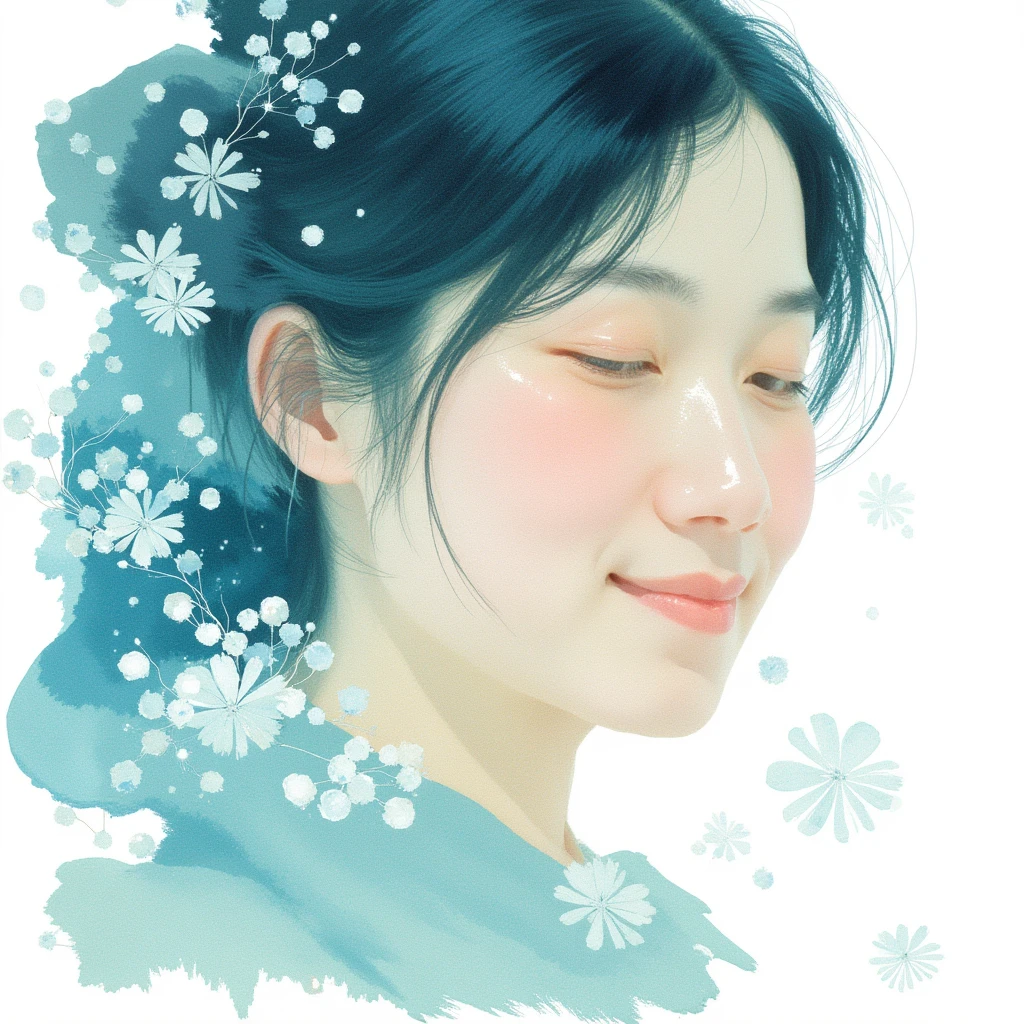 an artistic watercolor painting  of an east-asian woman, ((, smiling :1),gently and entwined with delicate motifs symbolizing interkit cravings, baby blue and white palette, hyper-realistic, focused on textural intricacies, fine details, natural light, ultra fine, digital painting. 