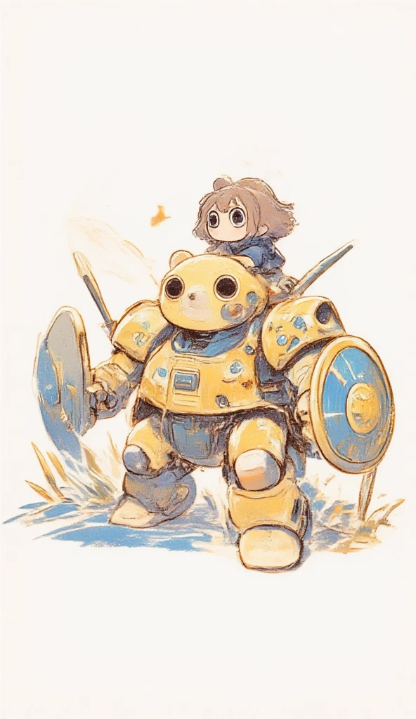 A cute bear shaped robot, it has the head and the body of a fat bear. The robot is holding a shield. On top of the robot sits a girl as its pilot. The robot struck a battle pose inside an arena