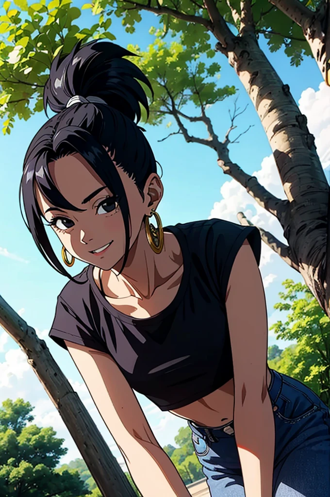 kale, black eyes, black hair, high ponytail, earrings, left sided bangs, red crop top, short sleeves, looking at viewer, smiling, close up, outside, park, trees, high quality, masterpiece, 