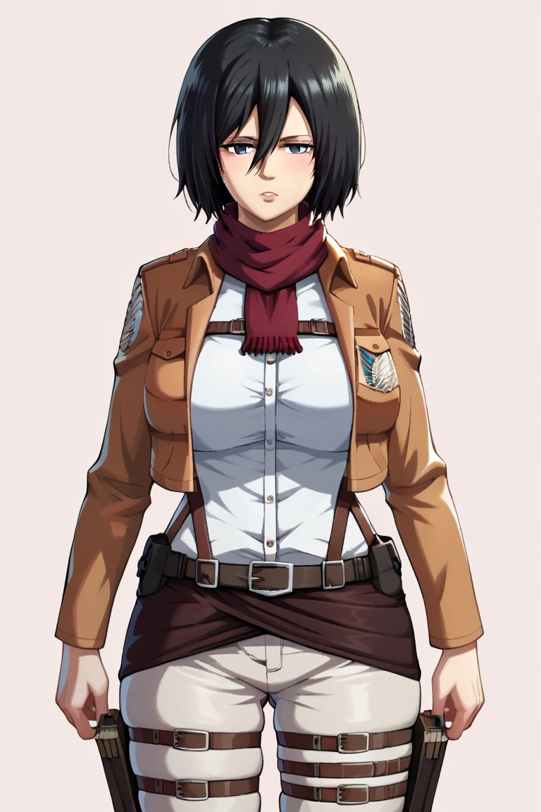 score_9,score_8_up,score_7_up,score_9,4k,HD,8k,highres,antialiasing,detailed,texture,cinematic lighting BREAK mikaackermanSDXL,1girl,solo,short hair,black hair,jacket,belt,scarf,black eyes,thigh strap,red scarf,emblem,paradis military uniform,survey corps (emblem),mikasa ackerman, wide hips, large breasts