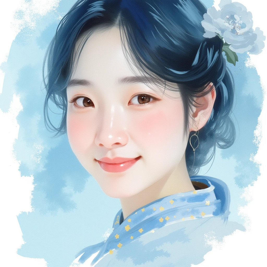 an artistic watercolor painting  of an east-asian woman, ((, smiling :1),gently and entwined with delicate motifs symbolizing interkit cravings, baby blue and white palette, hyper-realistic, focused on textural intricacies, fine details, natural light, ultra fine, digital painting. 