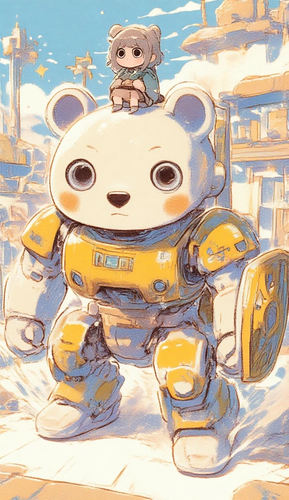 A cute bear shaped robot, it has the head and the body of a fat bear. The robot is holding a shield. On top of the robot sits a girl as its pilot. The robot struck a battle pose inside an arena