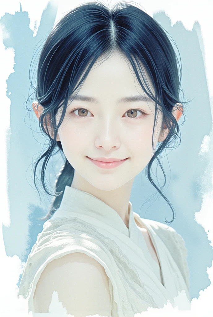 an artistic watercolor painting  of an east-asian woman, ((, smiling :1),gently and entwined with delicate motifs symbolizing interkit cravings, baby blue and white palette, hyper-realistic, focused on textural intricacies, fine details, natural light, ultra fine, digital painting. 



