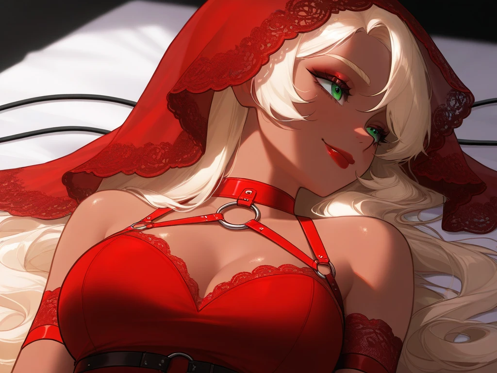 OC, female, semi realism, dark tanned skin, red lips, blonde eyebrows, perfect face, long wavy light Ashe blonde hair with bang,  half-closed Green eyes, cute smile, red glamorous, sweet aesthetic, harness and lace sexy red dress, mystic luminescent, sexy, red velvet veil, dangerous, breasts, danger, held by cables, lying