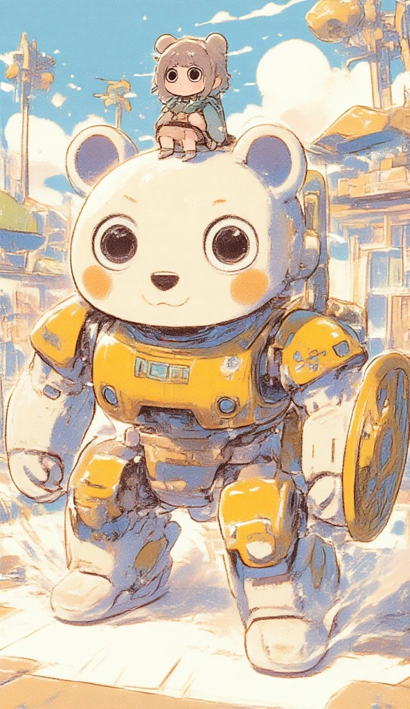 A cute bear shaped robot, it has the head and the body of a fat bear. The robot is holding a shield. On top of the robot sits a girl as its pilot. The robot struck a battle pose inside an arena