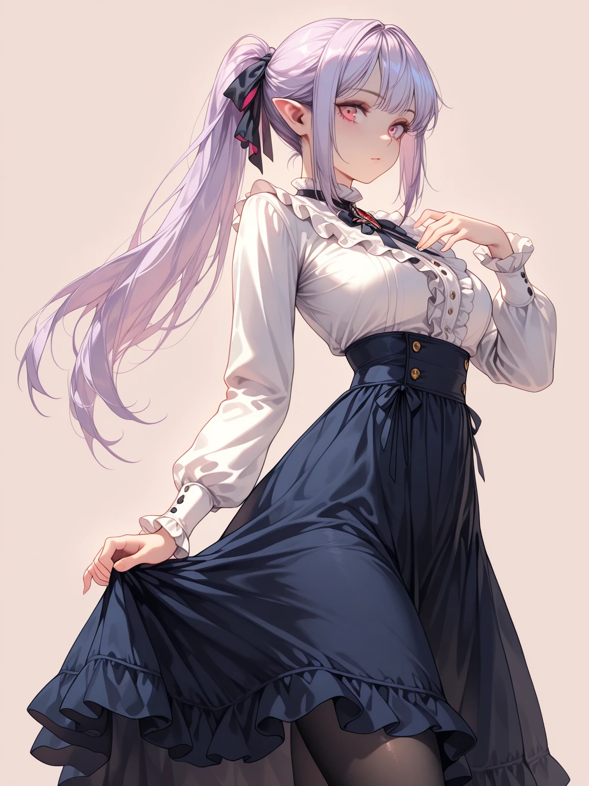 ((masterpiece, best quality)), 1girl, light purple hair, long hair, ponytail, pink eyes, sidelocks covered ear, vampire, (white shirt, long sleeves, blue high-waist long skirt, frills), black pantyhose, hair ribbon, calm, looking at viewer, cowboy shot, no cropping, full body, simple background, 