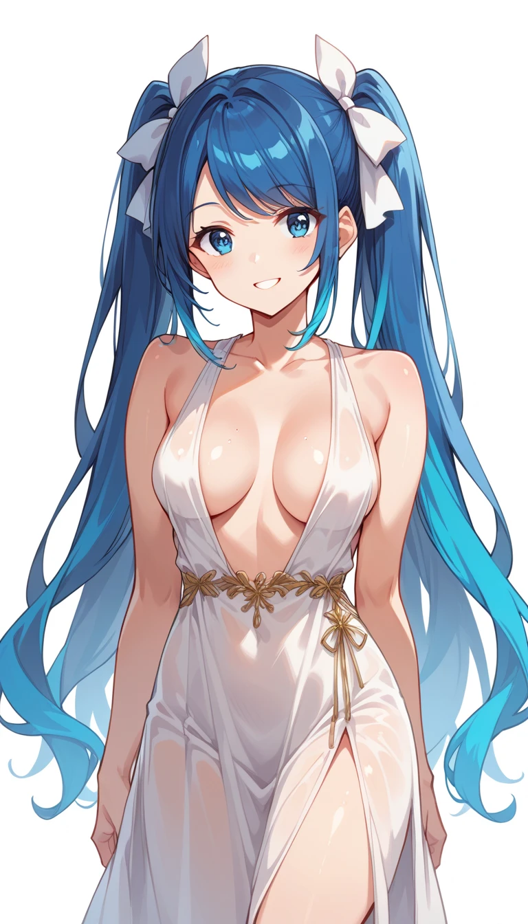 score_9, score_8_up, score_7_up, source_anime, 1girl, blue hair, gradient hair, very long hair, straight hair, swept bangs, twintails, hair white ribbons, blue eyes, tareme eyes, smile, medium breasts, simple background, high res image, masterpiece, best quality, ultra cute face, clear skin, shiny hair, ultra detailed eyes, intricate details, (girl:1.0), goddess dress, cleavage, plunging neckline, transparent clothes 