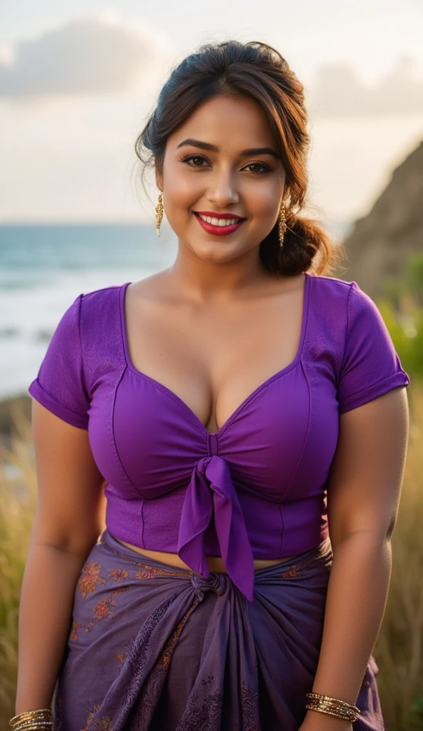 HD wallpaper 32k cinematic shoot of a Beautiful cute Nupur Sanon, curvy plus size, very very big breasts, swooping breasts, pretty chubby women, red lips, jewelry styles, long bun-cut hair, Purple short-sleeve tie front traditional blouse, Smiling, style pose on the Cap Méchant, Réunion Island, captured in a full-body image, morning atmosphere, minim diffect, ultra details, realistic, ultra hd, Full body image