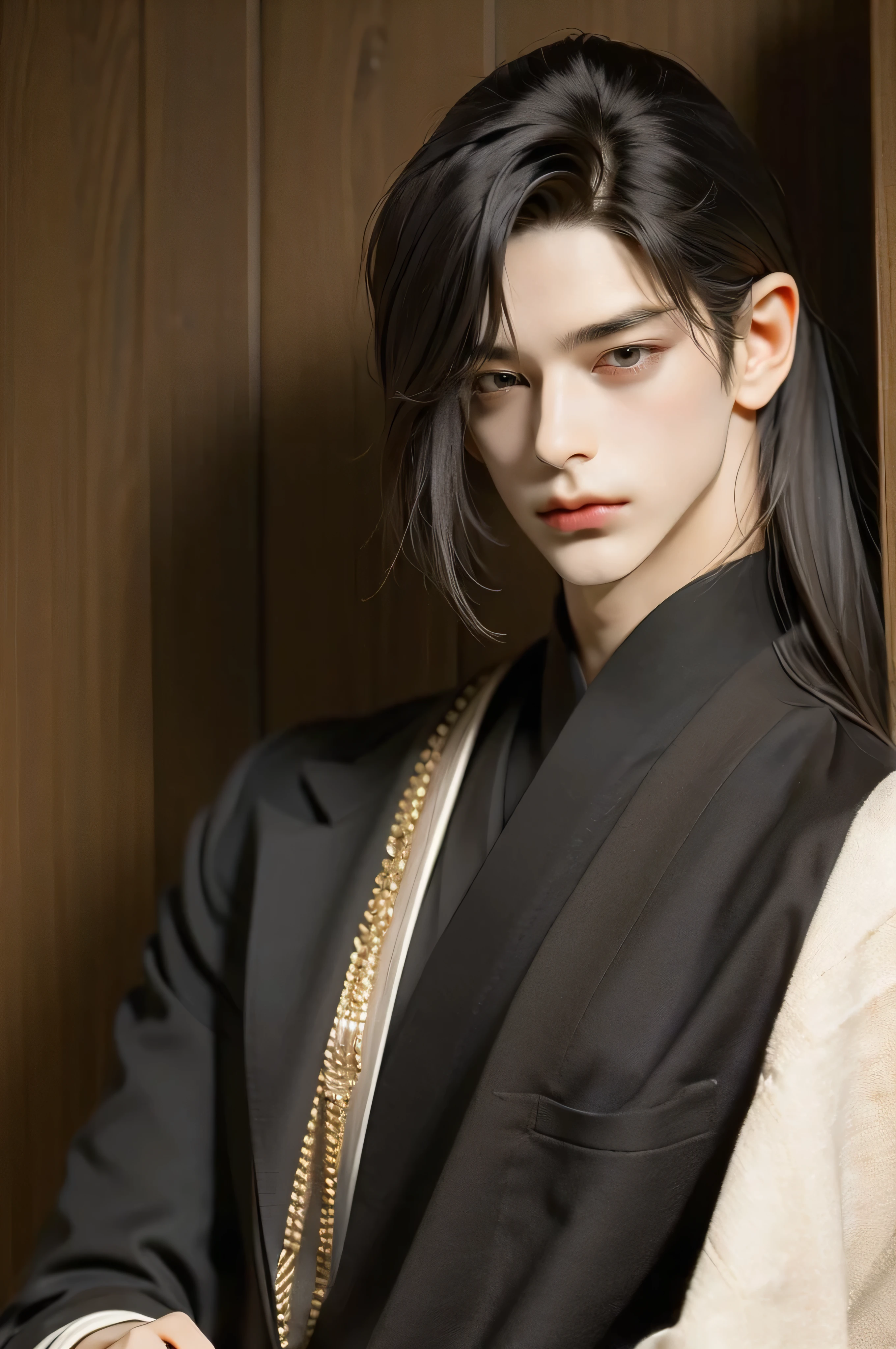 A pretty handsome, delicate, Skinny Male, black hair, high ponytail, Slender and thin body, Delicate and soft facial features, soft_light, pointy ears, assassin, killer, Wearing a black Chinese vintage killer costume, fancy luxurious 黑衣黑褲