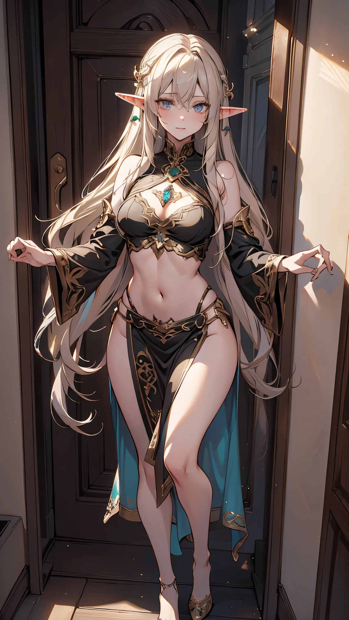 1girl, elf, a beautiful elf opening the apartment door, full body shot, long hair, intricate details, stomach tattoo, (best quality,4k,8k,highres,masterpiece:1.2),ultra-detailed, ultra-fine painting, sharp focus, physically-based rendering, extreme detail description, professional, vivid colors, elegant fantasy portrait, intricate patterns, warm lighting, cinematic composition