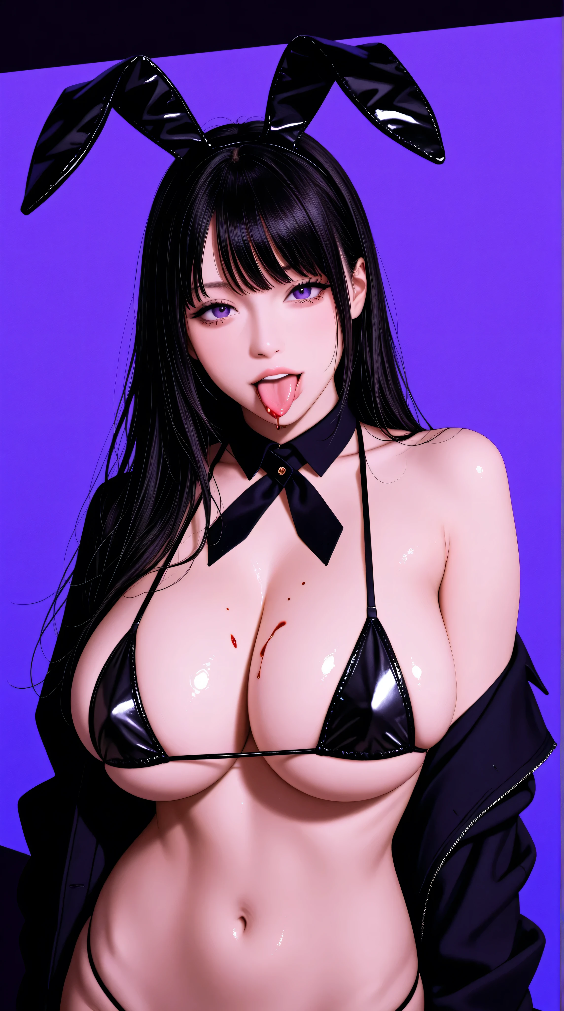 busty anime girl covered in blood, black hair, black bunny ears, purple eyes, tongue out, seductively licking the shaft of a purple dagger with the tip of her tongue, micro bikini with huge breasts, photorealistic, looking at viewer, dark fantasy, no background, purple background, black background, shiny skin, 