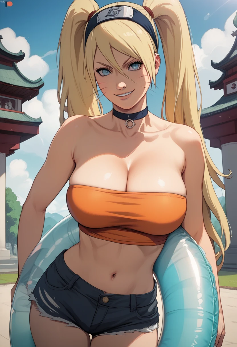 masterpiece, best quality, extremely detail 8k cg, high resolution, 1girl, solo, mature female, orange erotic tube top_SexyJusuNaruto_Naruko_ownwaifu, 1girl, blonde hair, naruko \(naruto\), twintails, long hair, facial mark, whiskers, whisker markings, blue eyes, large breasts, hair between eyes, bangs, orange erotic tube top, micro demon shorts , cleavage, choker, collarbone, onastick, day time, outdoors, konohavillage statue, beautiful face, seductive expression, smirk, medium full shot,headband