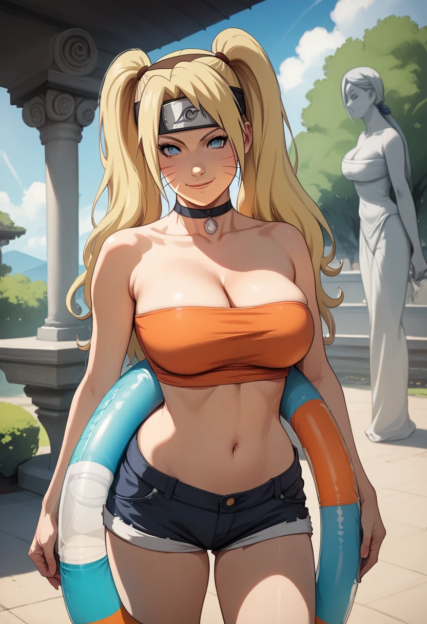 masterpiece, best quality, extremely detail 8k cg, high resolution, 1girl, solo, mature female, orange erotic tube top_SexyJusuNaruto_Naruko_ownwaifu, 1girl, blonde hair, naruko \(naruto\), twintails, long hair, facial mark, whiskers, whisker markings, blue eyes, large breasts, hair between eyes, bangs, orange erotic tube top, micro demon shorts , cleavage, choker, collarbone, onastick, day time, outdoors, konohavillage statue, beautiful face, seductive expression, smirk, medium full shot,headband