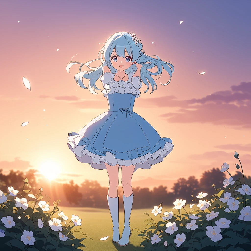 A charming anime-style girl with light blue hair styled with a delicate flower accessory, wearing an elegant blue dress with white accents, a layered frilly skirt, and knee-high boots. She stands in a playful and adorable pose, her cheerful expression radiating warmth. The background is an aesthetic scene of a serene garden at sunset, featuring soft, warm lighting, blooming flowers, and floating petals. A gentle breeze ruffles her hair, and the pastel-colored sky adds a dreamy, whimsical atmosphere.