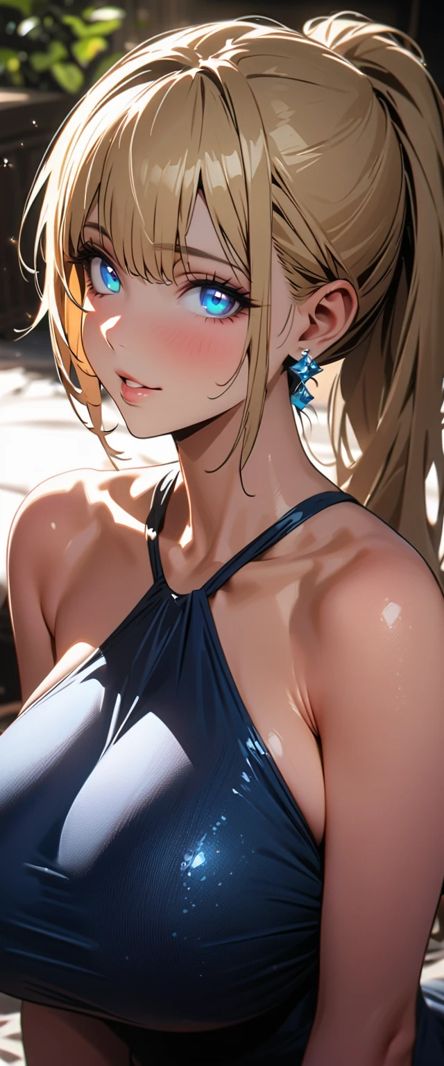 (beautiful girl: 1.3),1girl,masterpiece, Highest quality, Ultra-high resolution,rich contrast,super high quality,8k,Highly detailed CG unit wallpaper,texture,Incredibly absurd,Ultra-high resolution,RAW Photos,Depth of Field 1.2,(blue one piece swimsuit),blonde Hair,a ponytail ,Ultra-detailed eyes,sensuous,Glowing Skin,Glitter effect,Beautiful glossy lips,loafers, bedroom,sunlight through trees,post-rain aroma,Sigh,look up,(huge Breasts),focus on lips, Front close-up shot,Natural Makeup,Earrings