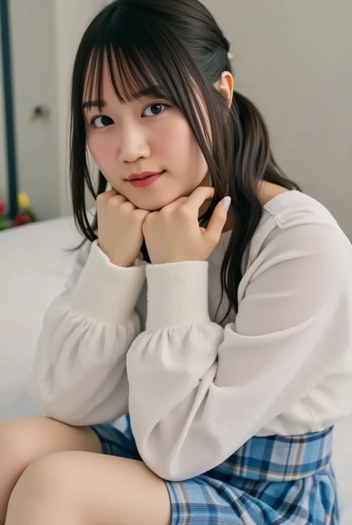 there is a woman sitting on a couch with her legs crossed, chiho, portrait of a japanese teen, taken with canon eos 5 d, of a youthful japanese girl, narumi kakinouchi, young asian girl, korean girl, Yoshitomo Nara, taken with a canon eos 5 d, taken with a canon eos 5d