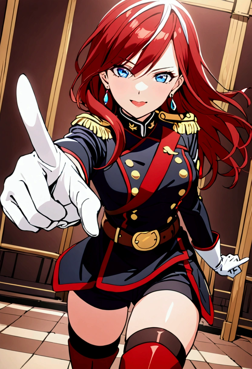 1 girl, alone, looking at viewer, smile, medium hair, long hair, open mouth, blue eyes, dark red hair, thigh highs, gloves, jewelry, earrings, shorts, belt, black thigh highs, white gloves, uniform, military, military uniform, thigh high boots, black shorts, pointing,