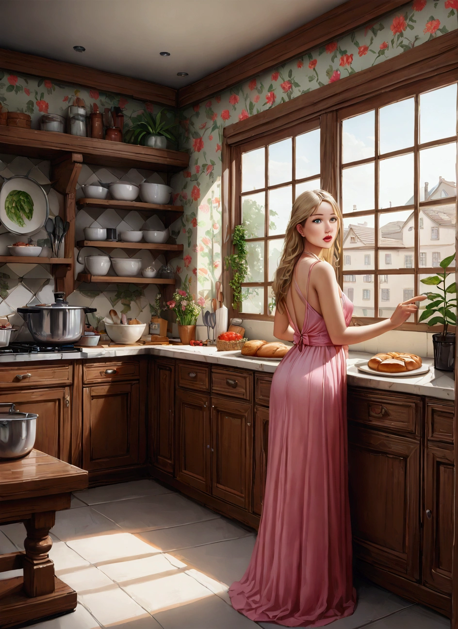 (robot housewife),(display case),(pink dress),(blonde hair),(blue eyes),(plastic skin),(best quality,4k,8k,highres,masterpiece:1.2),ultra-detailed,(realistic,photorealistic,photo-realistic:1.37),portraits,(vibrant colors,colorful:1.1),(soft lighting),(silverware),(spotless kitchen),(beautifully decorated room),(floral wallpaper),(sparkling clean),(freshly baked bread),(kitchen appliances),(polished countertops),(cooking utensils),(elegant surroundings),(big windows),(tidy and organized),(comfortable living space),(tastefully designed),(lush garden),(well-kept lawn),(bright and inviting),(cozy couch),(artificial plants),(stunning artwork*((Seguro y seguro, Trabajo seguro, sensor de seguridad, Ningún problema, Gratis para ver, Seguridad en el trabajo, seguridad para el trabajo, Linda chica, clear and detailed face (embarrassed, panicking, upturned eyes, full-face blush, open mouth, parted lips:1.3) , Mejores sombras, Colores vibrantes, acuarela, estilo ghibli, Gran angular, Colores vibrantes, acuarela, muslos jugosos, Nalgas redondas, thick thighs, big butt, small sized breast, big dips, small waist, slim arms, brown eyes. BREAK (Correcciones), proporciones corporales perfectas. 3/4 medias blancas, (SFW), photoRealista, obra maestra, (mejor calidad:1.3), absurdo, [:detalles intrincados1.3], SFW, Realista, obra maestra, masterpiece, highest quality, high quality, ultra high quality, depth of field, 4K, high quality, shame level: 1.4, pleasure level: 1.4, cuerpo completo en escena, more environment view, long distance shot, (((detailed scenario, detailed background))), (superplano, sombreado plano, colores planos), (obra maestra, mejor calidad)* (mejor calidad,alta resolución), arte de pixel, colores vibrantes, Atmósfera nostálgica, Jugabilidad inmersiva, gráficos de 16 bits, controles perfectos de píxeles, pixel art. cuerpo completo en escena, (SFW), ((photoRealista)), (obra maestra), (mejor calidad:1.3), absurdo, [:detalles intrincados1.3], SFW, Realista, obra maestra