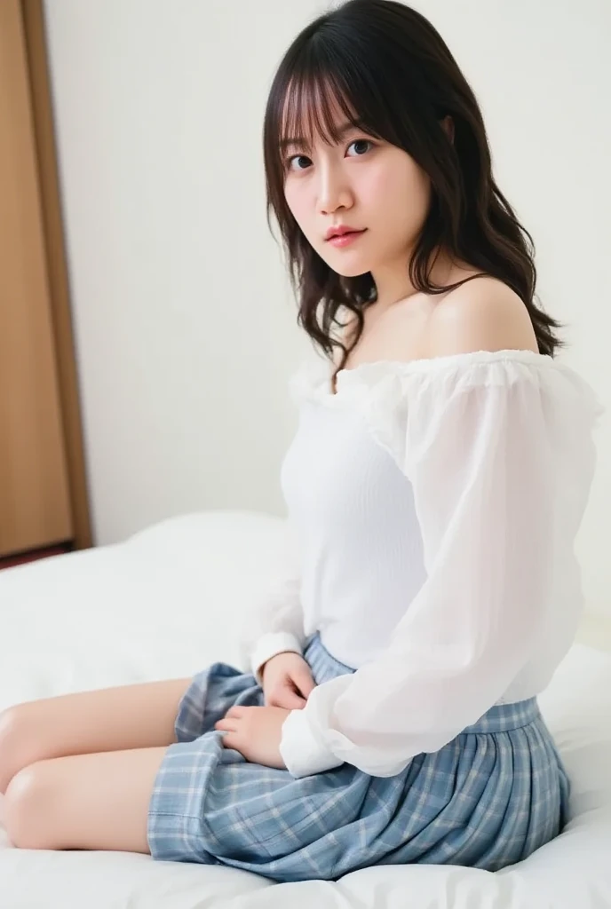 Full body shot from the front、Wear off-the-shoulder mini one-piece pajamas, bend your knees, spread your legs, take a cross-legged pose, and sit while looking at me, Slender bare legs 、smile、The background is a monotone 

