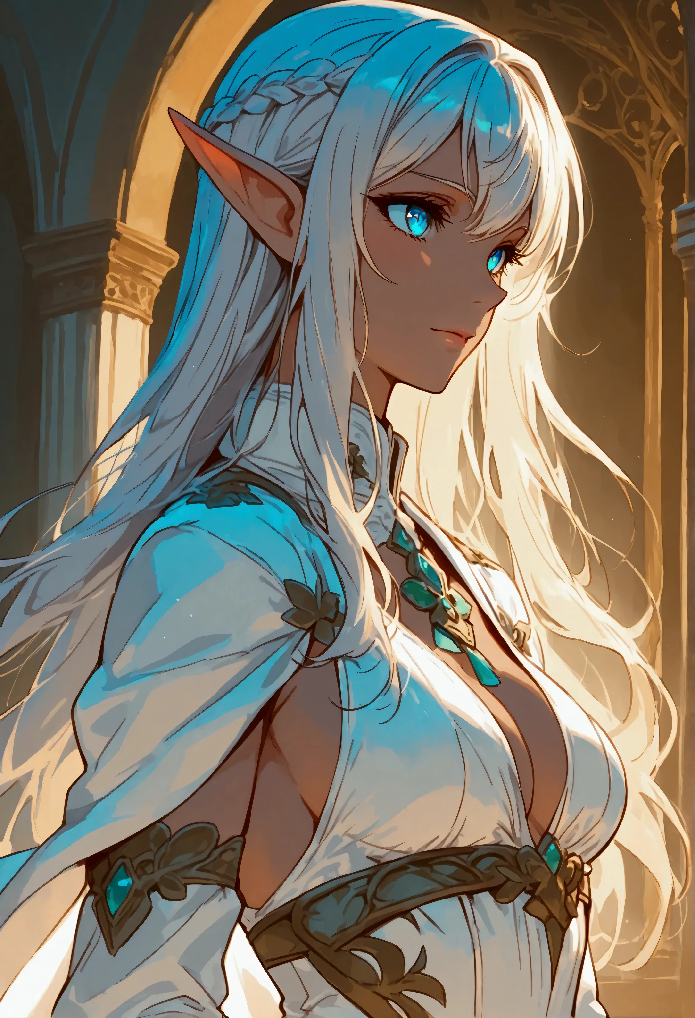 masterpiece, high quality, 1_woman, ((upper body)), ((hand on hip)), standing, (exotic skin_complexion:1.4), mature, (looking away from the viewer), (BLUSHING face), tall, beautiful, exotic, with long elf ears, long hair, silver hair, detailed face, having diamond shaped eyes, blue eyes, (dark_eyeliner), long_eyelashes medium_bust, fantasy clothes, elven clothes, chest window, black thigh highs with embroidery, dynamic lighting casts detailed shadows, mountains in distance, walking path, grassy field, night sky, stars, 