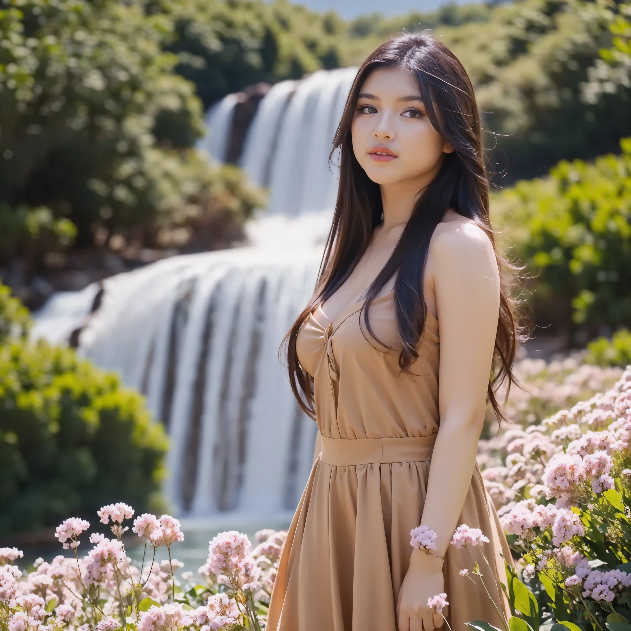 (masterpiece, best quality:1.2, 8k RAW photo, 1girl, solo, natural soft lighting), (medium ), standing in the blooming colorfull flower field, mountains, lake and waterfall background, upper body, looking at camera