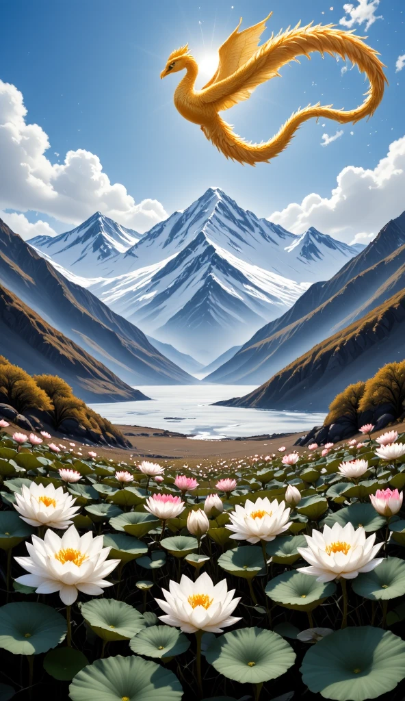 The majestic Tianshan Mountain , snow lotuses bloom like a wonderland , golden phoenix wants to fly , against the backdrop of snowy mountains, making it even more sacred, blue sky and white clouds intertwine , reveals fantasy in serenity , oil painting style ,Genres , long-range perspective , top light irradiates , interlaced light and shadow ,Ultimate image quality, with 8K resolution 。