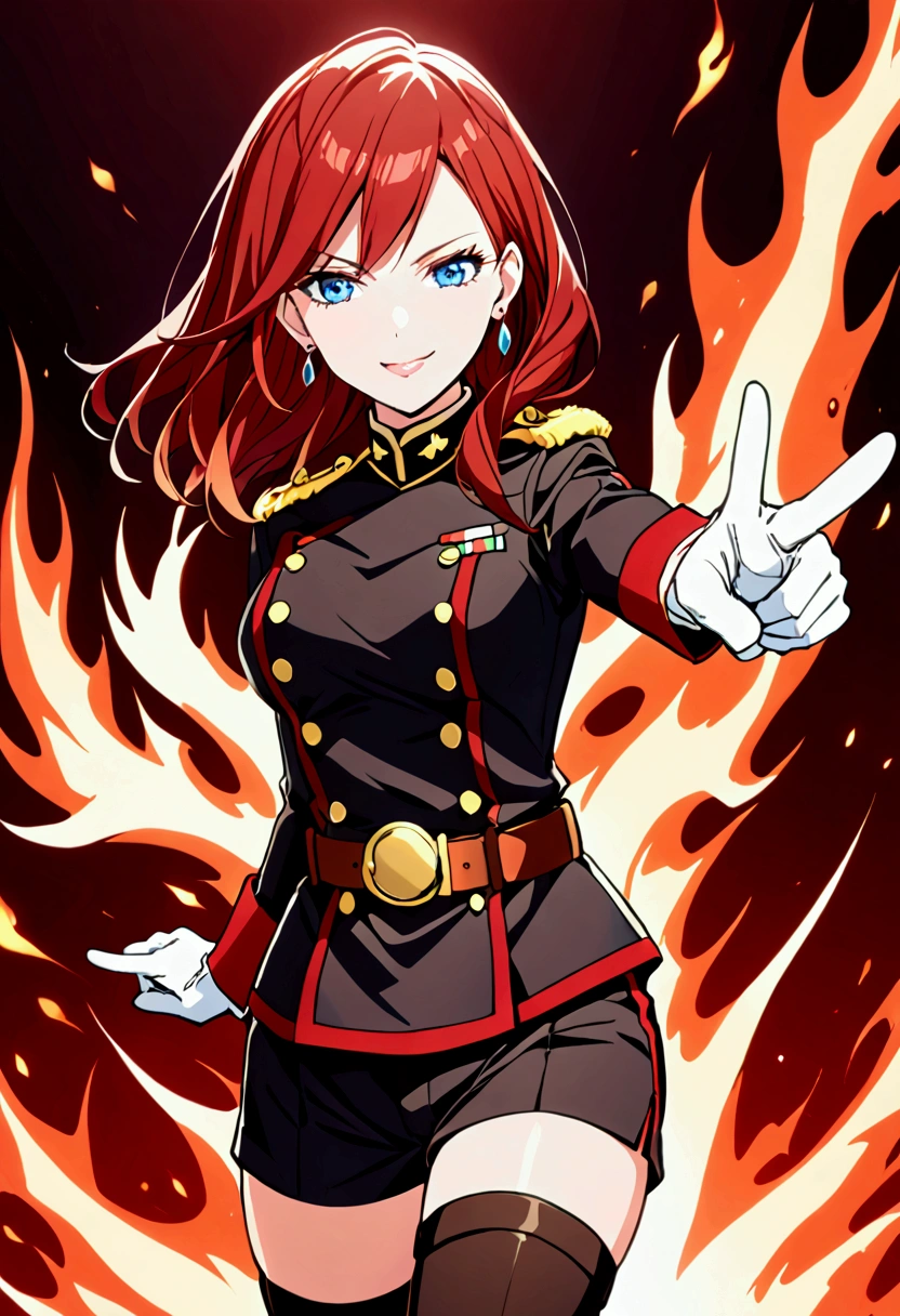 1 girl, alone, looking at viewer, smile, medium hair, long hair, open mouth, blue eyes, dark red hair, thigh highs, gloves, jewelry, earrings, shorts, belt, black thigh highs, white gloves, uniform, military, military uniform, thigh high boots, black shorts, pointing,