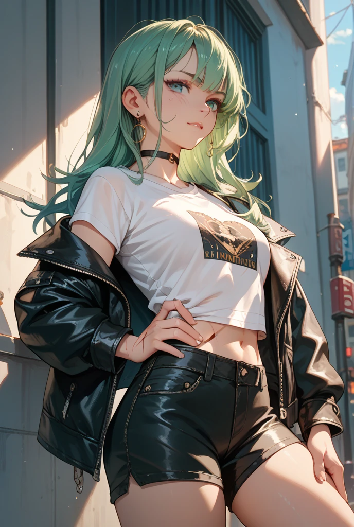 young kitten with green eyes, fluffy fur COLOR: black with STAINS: white, in a sexy pose, wearing a tight short jean shorts, and a black leather jacket, with a fluffy tail