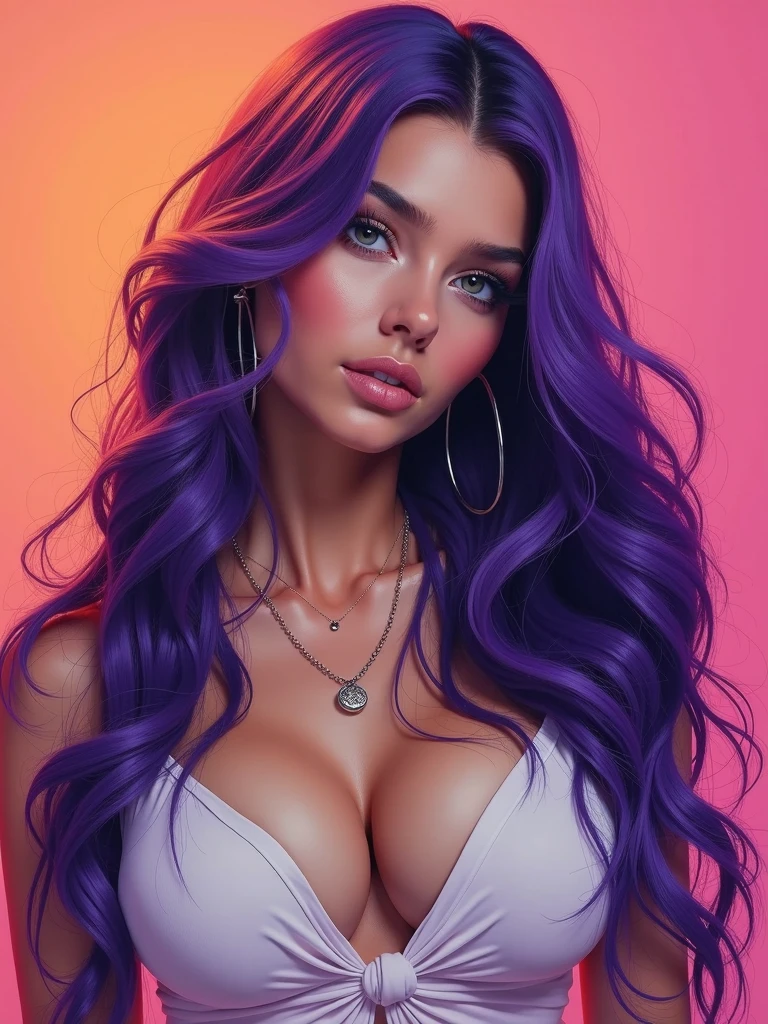 portrait of woman, purple hair, Bantu knots, (green eyes:0.5), flirting with camera, Smiling while biting lip, side view, unicolor background, dark background, looking at viewer, white croptop, high quality, dramatic lighting, tenebrism, high contrast, vivid colors