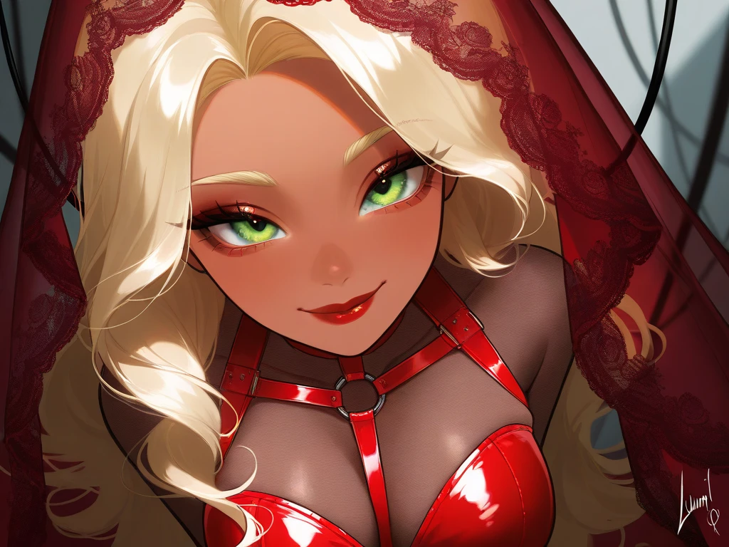 OC, female, semi realism, dark tanned skin, red lips, blonde eyebrows, perfect face, long wavy light Ashe blonde hair with bang,  half-closed Green eyes, cute smile, red glamorous, sweet aesthetic, harness and lace sexy red dress, mystic luminescent, sexy, red velvet veil, dangerous, breasts, danger, held by cables