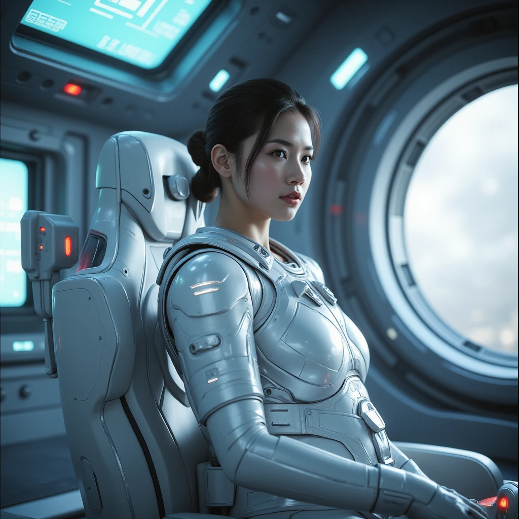 She is sitting in a futuristic armchair reading a tablet、She is pensive((Very cute woman gets sexy futuristic white thin spacesuit))。Wearing headphones、Black very curly spiral short black hair,、40k、a picture、​masterpiece、top-quality、fundo cinza escuro、(Gorgeous bright black hair girl with green eyes、Beautiful perfect face、))。a beautiful Caucasian woman with big ass full soft breasts and white skin。long legged((perfect chest:1.4))、((Very soft breasts))、hyperdetailed face、A detailed eye。in space station
