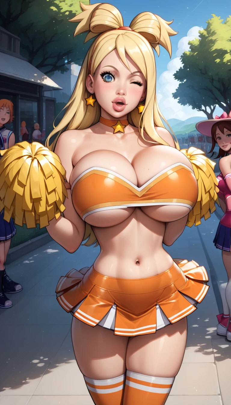 bmb-fc, sunny, bodycon dress, 1girl, face, woman , (masterpiece, best quality), 1girl, 18 years old, looking at viewer, no abs, ((cheerleader pose)),Naruto (Naruko) , yellow two ponytaills ,puffy lips, bimbo lips, wink, huge breast, shocked face, (((exposed navel))), (((hot magical girl outfit))), orange tight tube top, underboobs, ((yellow star on top)), ribbon on microskirt, pink pleated microskirt, choker, day, street, thighhighs,