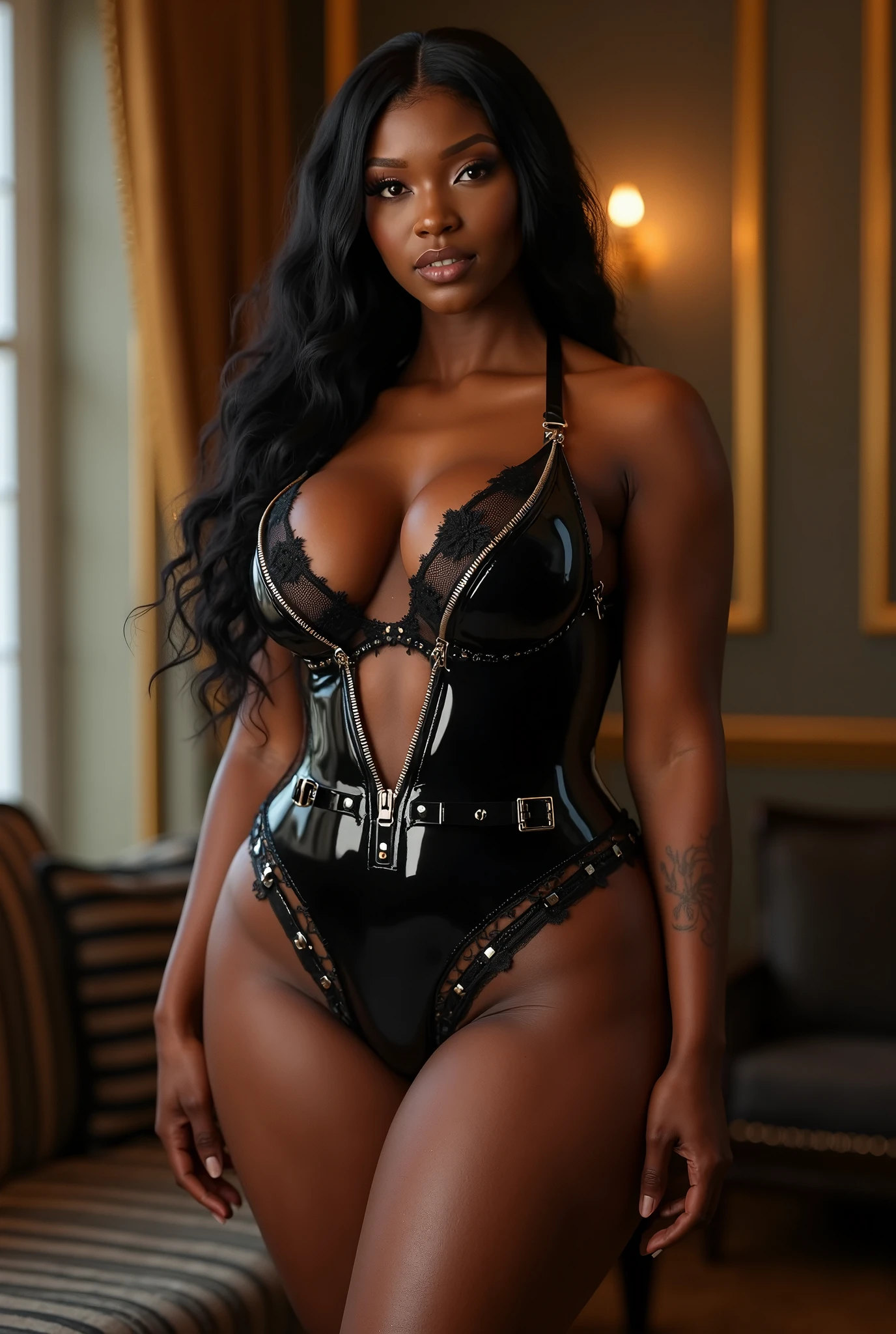 a sexy brown-skinned woman, dressed in a black leather bustier corset top with black panties, thick thighs, big breast, wide hips, sexy, arousal, model body, sexy pose, big booty, luxury bathroom background, sexy ((full body view, display head to toe)), cleavage,