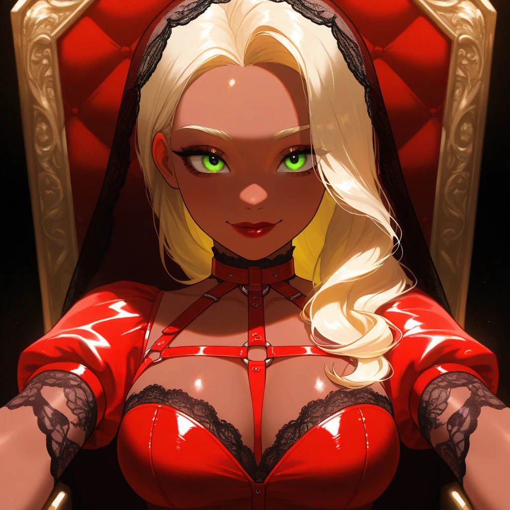 OC, female, semi realism, dark tanned skin, red lips, blonde eyebrows, perfect face, long wavy light Ashe blonde hair with bang,  half-closed Green eyes, cute smile, red glamorous, sweet aesthetic, harness and lace sexy red dress, mystic luminescent, sexy, red velvet veil, dangerous, breasts, danger, throne