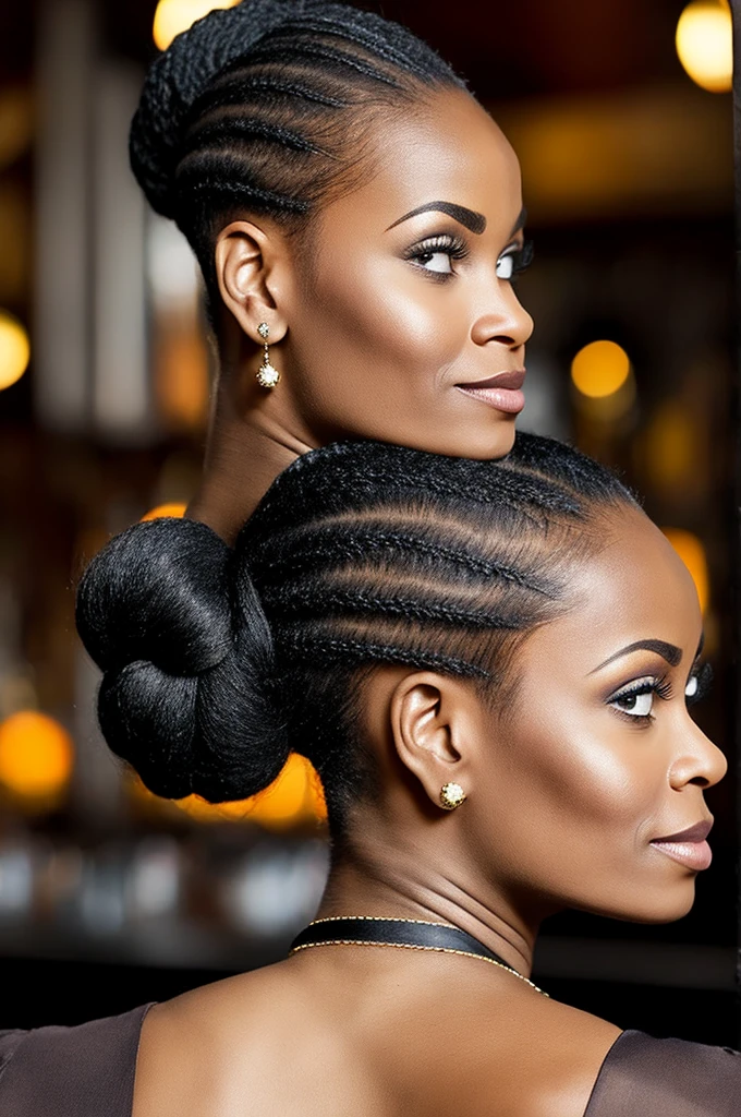 closeup portrait pretty black woman upsweep updo sitting at bar