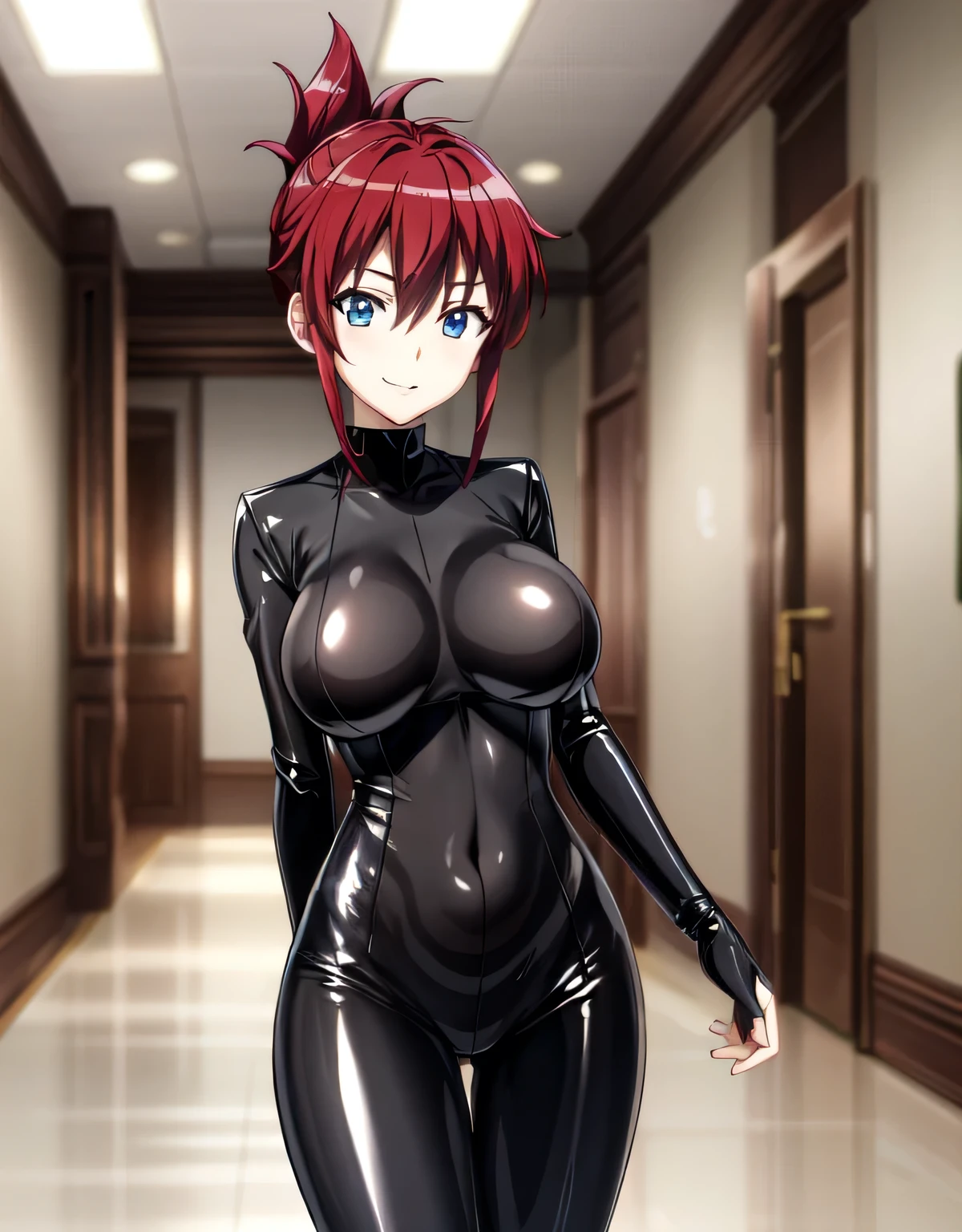 (large breasts:1.55),(shiny,hair),((solo)),((masterpiece)),((best quality)),perfect anatomy,slim waist,perfect image,8k,16k,(beautiful detailed eyes:1.5),extremely detailed face,standing,(look at the front:1.5),(arms behindback),ultra-detailed,absurdres,ultra-highres,indoor hall,smile,closed mouth,lips,sakurai aoi rw,blue eyes,red hair,short hair,folded ponytail,(shiny black bodysuit:1.2),latex,